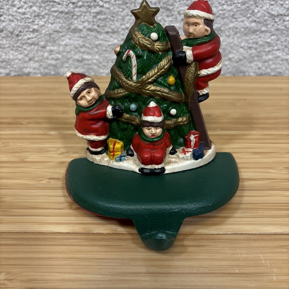 Vintage Cast Iron Christmas Stocking Holder Hanger For Mantle Santa's Elves